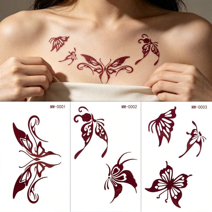 3 Sheets Matte Waterless Temporary Tattoo Stickers, Long Lasting Henna Style Brown Butterfly Fake Tattoos, Body Art Stickers For Chest Shoulder Party Festival