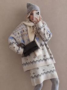 Women's Winter Casual Elegant Minimalist Sweater Pullover And Skirt 2 Pieces Set - Beige - View 5