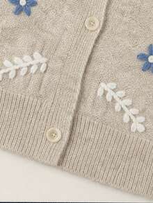 Colorful Floral Embroidery & Relaxed Fit, Women's Apricot Crew Neck Button Front Cardigan Sweater, Fall Outfit, Halloween, Christmas, Lunar New Year - Apricot - View 11