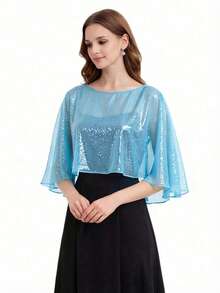1pc Shiny Short Cape Bridal Evening Dress Outerwear Lightweight Mesh Party Wedding Jacket - Mint Blue - View 6