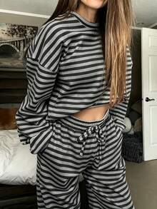 2pcs Women's Solid Color Minimalist Striped Pajama Set, With Dual Pockets, Drawstring Long Pants And Contrast Color Crew Neck Top - Dark Grey - View 3