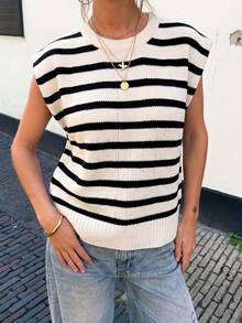 Stripe Side Slits Crewneck Short Sleeve Sweater Tee Round-Neck Loose Color-Blocking Plus-Size Knitted Sweater,Christmas New Year - Apricot - View 4