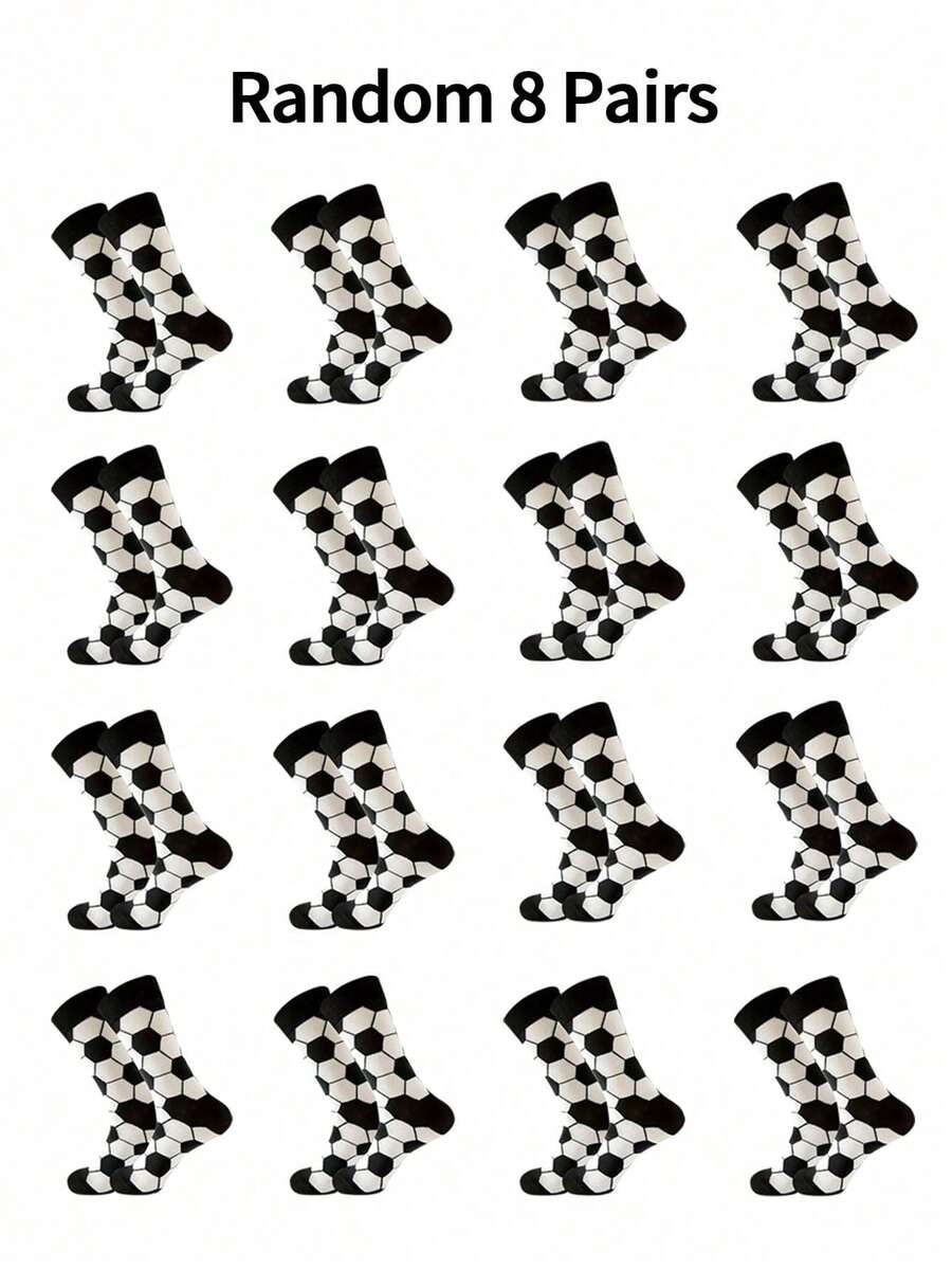 8 Pairs Random Assorted Color Kids Socks Black & White Patchwork Sports Football Letter Pattern Boys Girls Versatile Mid-Calf Socks, Suitable For Daily Wear - Multicolor - View 1