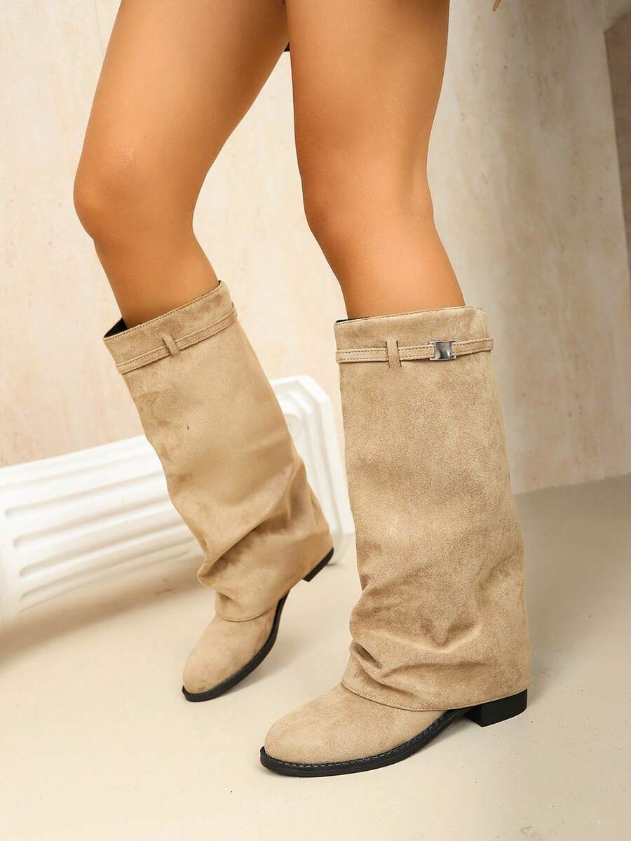 1 Pair Popular Ruched Stacked Boots, Fashionable Buckle Flat Sole, Solid Color Western Style Casual Ultra-Fine Fiber Leather Mid-Calf Boots, Suitable For Autumn/Winter Holiday Gatherings - Khaki - View 1