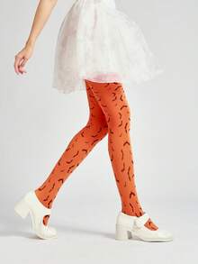 1pc Women Halloween Allover Bat Jacquard Pattern Nylon Blend Stretchy Slim Fit Sexy Pantyhose For Party Costume Night - Orange - View 6