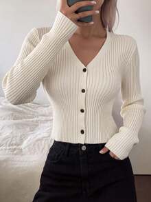 2026 Sexy Style Ribbed Knit Cardigan, V-Neck Cropped Slim Fit Cardigan, Lady Gentle Style Knitwear, Spring/Autumn Daily Date Commute, Elastic Knit Fabric Slimming Cardigan For Women 18-35 Years Old - Apricot - View 6