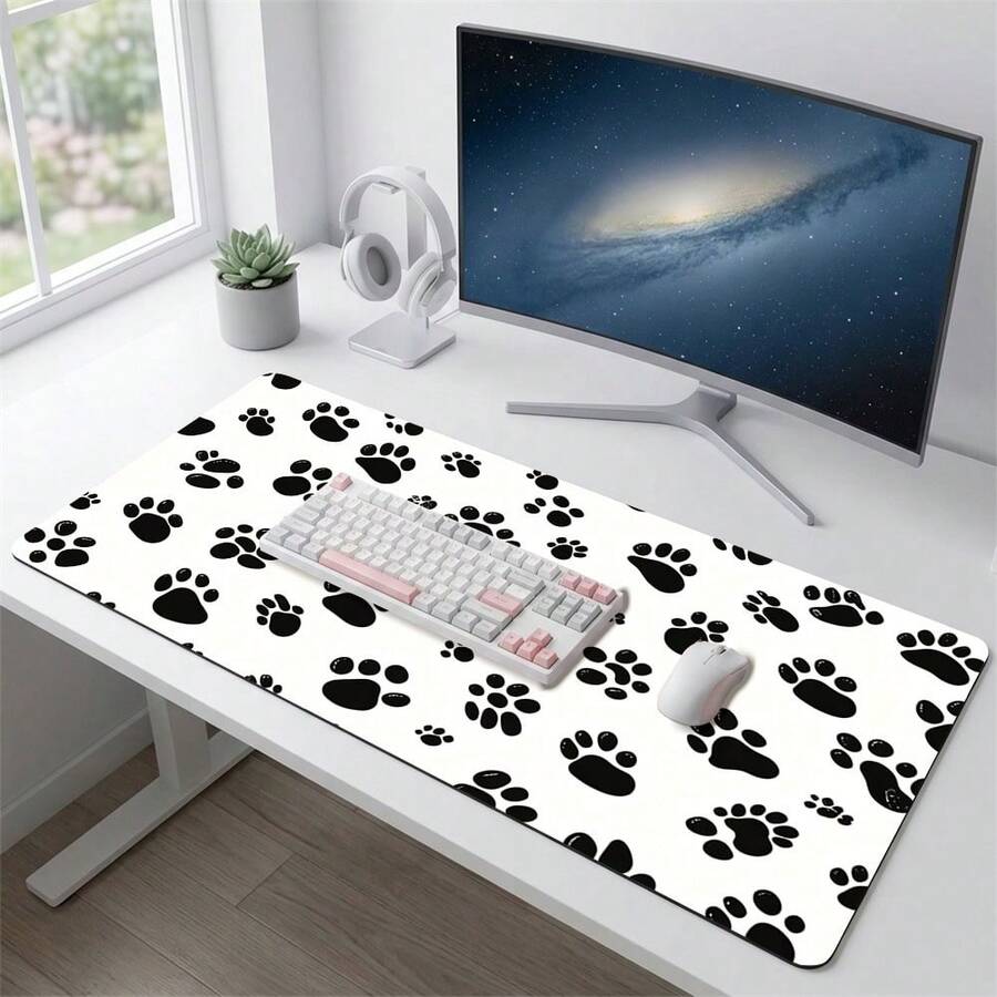 White Background Dog Paw Print Pattern Gaming Mouse Pad, Non-Slip Rubber Desk Mat, Smooth Sliding Surface, Suitable For PC Laptop Office Home, Cute Abstract Art Decor, Back To School Supplies - A - View 1