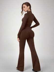 NcmRyu Women's 3 Pieces Set Solid Color Seamless Halter Adjustable Strap Tank Top Zipper Stand Collar Jacket Butt Lift Flare Pants Three Pieces Outfit - Mocha Brown - View 5
