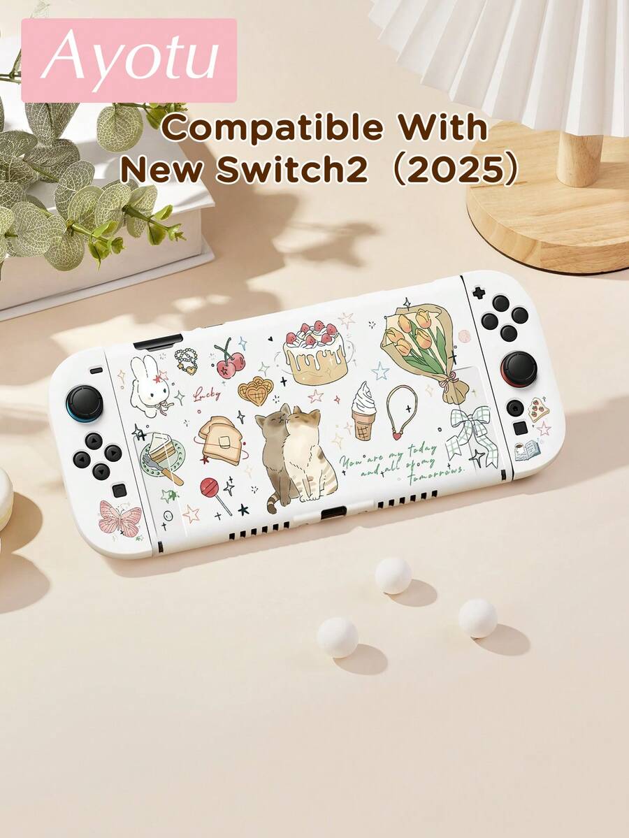 Ayotu بطانية حماية بنمط كعكة القطة والكرز والزنبق، متوافق مع Switch، متوافق مع New Switch2 (2025)/Switch NS/Switch OLED، يمكن تركيبه في القاعدة دون إزالة بطانية الحماية، بطانية حماية عالمي لوحدة التحكم بالألعاب، إكسسوارات ألعاب Switch، مضاد للسقوط، مضاد للانزلاق، مضاد للخدش، أنيق وجميل، مناسب للخريف/عيد الميلاد/العودة إلى المدرسة/الشتاء والمناسبات الأخرى.