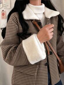 Women's Autumn/Winter Wool Blend Short Jacket, Long Sleeve Patchwork Faux Fur Collar, Button Front With Pocket Design, Casual Versatile Outerwear - Brown - View 6