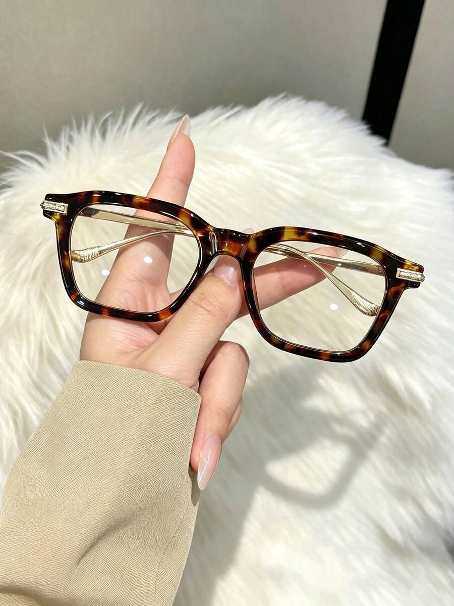 1pc Women's Metal Square Frame Glasses, Retro PC Material Blue Light Glasses, -Style Tortoise Shell Fashion Glasses, Suitable For Daily Life, Autumn/Winter Outfit, Unisex, School And Office - A - View 1