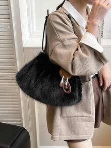 Women's Fuzzy Bag 2026 New Winter Niche High-End Shoulder Bag Versatile Large Capacity - Black - View 6