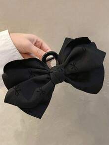1pc Double Layer Satin Bow Hair Claw Clip, Fully Covered With Fine Pleated Ribbon Pattern, Hand-Stitched Multi-Layer Oversized Ribbon, Glossy Black Curved Plastic Spring Clip, Suitable For Office Wear, Deep, Sweet And Fresh Casual Style - Multicolor - View 3