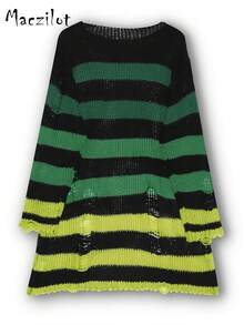 Plus Size Striped Ripped Knit Sweater Dress, Long Sleeve Crew Neck Loose Mid‑Length Pullover Dress Fall Winter Streetwear - Multicolor - View 5