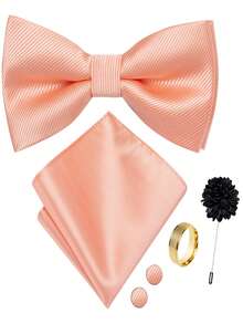 5Pcs Men Simple Solid Coral Orange Bow Tie Pocket Square Cufflinks Ring Boutonniere Set, Cufflinks Pattern Random For Wedding Business Party - Coral Orange - View 1