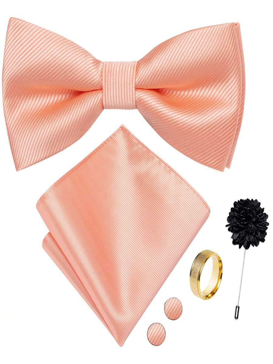 5Pcs Men Simple Solid Coral Orange Bow Tie Pocket Square Cufflinks Ring Boutonniere Set, Cufflinks Pattern Random For Wedding Business Party - Coral Orange - View 1