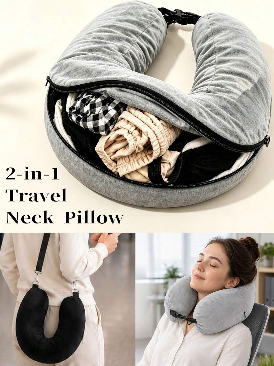 Multi-Functional Fillable U Neck Pillow Case, Portable Travel Pillow With Large Zipper Storage Pocket, Plush Comfort Fabric, Save Luggage Space, For Adults For Airplane, Road Trip & Office Rest