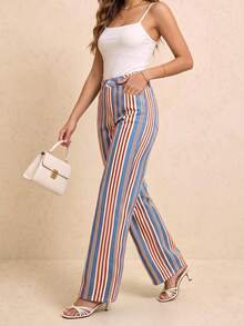 Multi-Color Vertical Striped Decor Denim Straight Leg Pants Women's High Street Style Casual Daily Long Bottoms - Multicolor - View 3