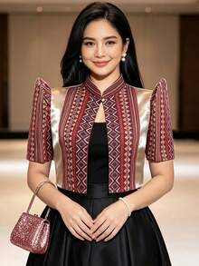 1件女款時尚半透明布料拼接立領設計優雅風蝴蝶袖花瓣袖上衣 - 紅色 - 查看 1