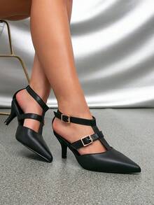 Fashionable European And American Style Design Strap Hollow Pointed Toe Open Toe Stiletto Heel Sandals T-Strap Pointed Toe High Heel Backless Closed Toe Women's High Heels Pumps Wedding Season Party Outdoor Versatile Shoes - Black - View 2