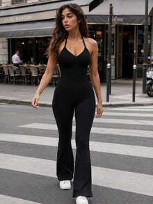 Athletic Jumpsuit With Ruched Chest And Detachable Padding, Halter Neck Tight-Fitting Jumpsuit, Suitable For Fitness, Yoga, Casual Daily Summer Wear - Black - View 3
