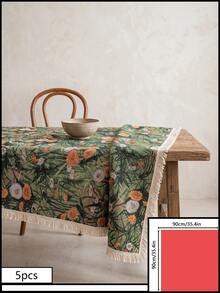 1pc Green Background Vintage Autumn Dandelion Jacquard Tablecloth, Natural Rustic Style Jacquard Fabric Square Beige Tassel Edge Detail Stain-Resistant Protective Desktop Functional Home Dining Table Cloth Suitable For Daily Home Use And Natural Table Setting Scenes - Green - View 14