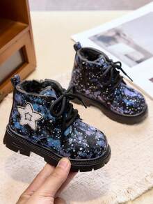 女童加厚踝靴 秋冬新款星星亮面靴 側拉鍊防滑嬰兒靴 - 藍色 - 查看 3