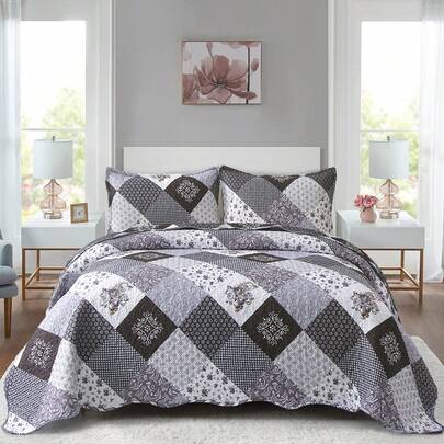 3PCS Grey Patchwork Coverlet Bedspread Set Queen King Size With 2 Pillowcases,Soft Polyester Checked  Floral Bedspread Quilting Bedding Set For Bedroom Decor,Machine Washable,Christmas Gift,Room Decor
