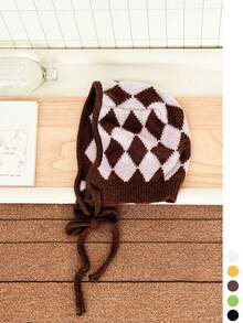 Retro Tie Argyle Plaid Ear Flap Beanie, Color Block Jacquard Knit Hat, Versatile Minimalist Face-Flattering Design - Contrast Color Diamond Plaid Flat Cap - View 10
