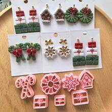 Atmospheric Christmas Polymer Clay Cutting Molds, Mini Gift Box, Gingerbread House, Holly Wreath, Bow Candy Cane, Octagonal Snowflake Multiple Unique Shaped Clay Cutting Molds, DIY Handmade Earring Pendant Brooch Making Tools, Compatible With Polymer Clay, 3D Printed Process, Clean Cut, Handmade Jewelry Floral DIY Craft Accessories, 3D Printed Process, Clean Cut, Handmade Jewelry Floral DIY Craft Accessories - Christmas - View 1