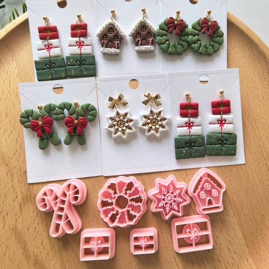 Atmospheric Christmas Polymer Clay Cutting Molds, Mini Gift Box, Gingerbread House, Holly Wreath, Bow Candy Cane, Octagonal Snowflake Multiple Unique Shaped Clay Cutting Molds, DIY Handmade Earring Pendant Brooch Making Tools, Compatible With Polymer Clay, 3D Printed Process, Clean Cut, Handmade Jewelry Floral DIY Craft Accessories, 3D Printed Process, Clean Cut, Handmade Jewelry Floral DIY Craft Accessories - Christmas - View 1