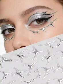 1pc Metal Silver Starburst Face Sticker - Cyberpunk Y2K Decorative Decal, Waterproof Sticker Suitable For Halloween, Cosplay, Festivals And Carnival Parties, Futuristic Alien Eye Decoration, Easy To Apply And Remove, Long Lasting Shiny, Suitable For Women And Girls - Black - View 1