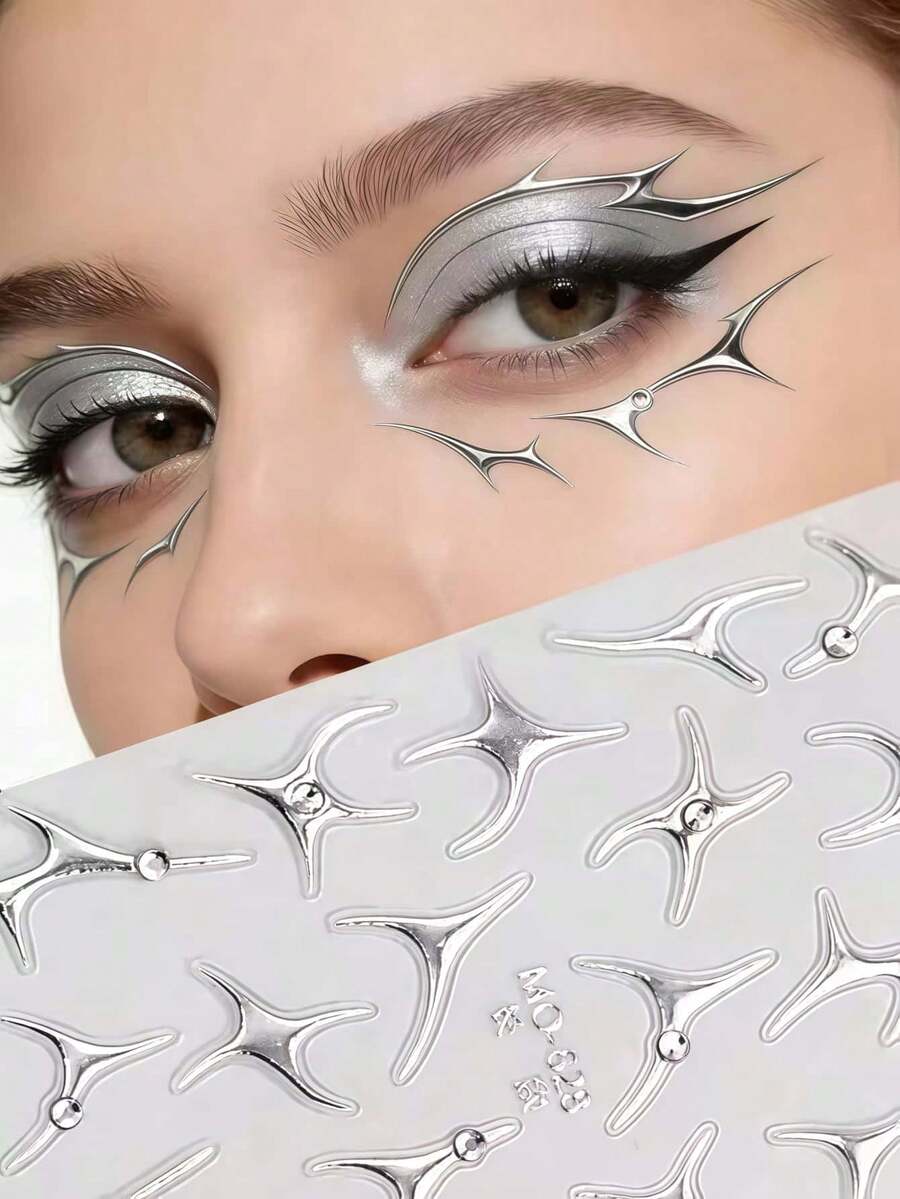 1pc Metal Silver Starburst Face Sticker - Cyberpunk Y2K Decorative Decal, Waterproof Sticker Suitable For Halloween, Cosplay, Festivals And Carnival Parties, Futuristic Alien Eye Decoration, Easy To Apply And Remove, Long Lasting Shiny, Suitable For Women And Girls - Black - View 1
