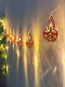 1pc Candlelight String Lights, LED Diwali String Lights, Diwali Style Hollow Metal Oil Lamp, Perfect For Diwali Celebration, Wedding Decoration, Party Decoration, Home Decor, Room Decor, Porch Decor And Indoor/Outdoor Decoration - Candle String Lights - View 16