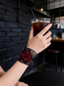 ExquisiteGothic Black Lace Ruffle Rose Cuff, Vintage Wrist Accessory, Ideal Christmas Gift For Women's Makeup And Party - Multicolor - View 8