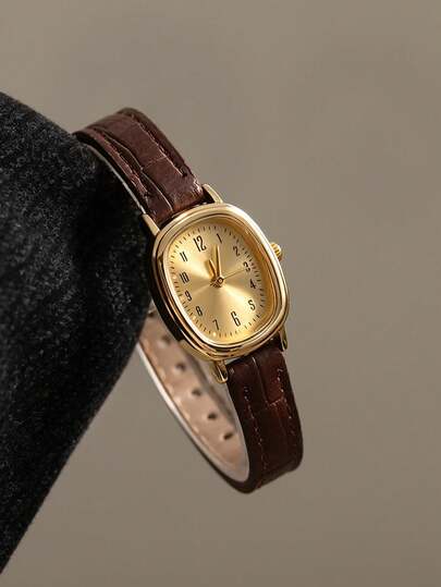 1pc Elegant Women's Gold Watch, Oval Small Gold Dial Quartz Watch With Vintage Brown Leather Strap, Minimalist Arabic Numeral Scale, Compact & Exquisite, Retro Luxury Texture, Versatile Style, Suitable For National Day, Party, Wedding, Daily Commute, Back To School Season, Christmas, Thanksgiving, Halloween, Easter And Other Occasions, Low-Key & Gentle, Best Gift For Women, Perfect For Daily Wear Or Holiday Gifting, Showcasing Elegant & Intellectual Elegant