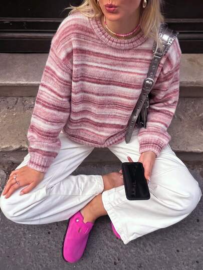 Women's Gradient Pink Striped Tie-Dye Lantern Long-Sleeved Round Neck Loose Drop Shoulder Knit Pink And White Gradient Sweater, French Gentle Style, Suitable For Everyday Commuting And Shopping, New Autumn/Winter Arrival, Fall Outfit For Women, Going Out Tops, Cute Tops, Oversized Sweaters For Women, Christmas Sweater, Pink Top