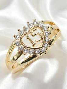 1pc Elegant Cubic Zirconia Heart-Shaped Women's Ring, Fashionable "15" Design, Versatile Jewelry Suitable For Women's Daily Wear, Adult Gift, Party, Date, Valentine's Day, Anniversary, Gift For Daughter, Girlfriend, Wife - Champagne - View 1