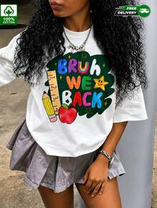 Youth Bruh We Back Chalkboard Pencil Apple Graphic 100% Cotton Short Sleeve T-Shirt, Retro Colorful Letter Casual Street Tee For Spring Summer - White - View 2