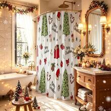 1pc Christmas Tree Shower Curtain, Vintage Design, Waterproof Bath Curtain, Suitable For Bathtub Divider, Bathroom Decor & Accessories, Home Decoration Gift, Comes With 12 Hooks - Multicolor - View 2