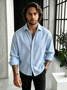 Men's Striped Long Sleeve Single-Breasted Versatile Comfortable Commute Casual Shirt - Baby Blue - View 1