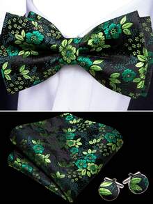 5Pcs Men Green Small Floral Jacquard Bow Tie Pocket Square Cufflinks Ring Boutonniere Set, Cufflinks Pattern Random For Wedding - Green - View 5