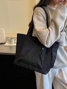 1件純色複合布料極簡Ins風多拉鍊口袋防水大容量可折疊女款工作包，適合女士日常通勤、外出、購物、旅行度假，簡約行李收納學生校園托特包，女友節日禮物 - 黑色 - 查看 7