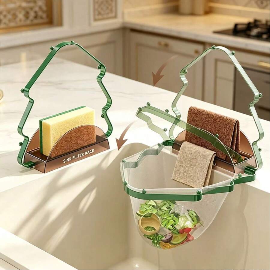 1pc Christmas Tree Shaped Kitchen Sink Strainer Rack, Foldable Sink Drain Filter Holder, Optional 50pcs Disposable Filter Nets, Self-Adhesive Food Residue Collector, Anti-Clogging Sink Drain Rack, Kitchen Sink Accessories - A - View 1