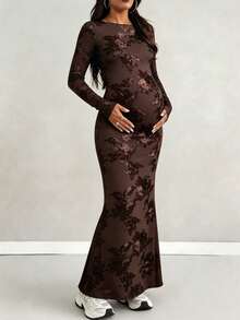 Maternity Jacquard Mesh Patchwork Casual Party Dress - Coffee Brown - View 4
