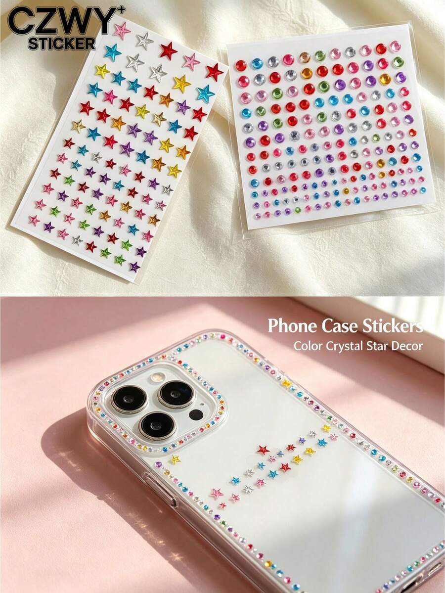 Colorful Five-Pointed Star & Round Rhinestone Stickers, 2 Styles, Multi-Color Mixed, 3D Shiny, Self-Adhesive, With Rhinestone Picker Tweezers, For Phone Case, Laptop, Tablet, Water Bottle, Calculator, Packaging Bag Decoration - Colorful Diamond Style - View 1