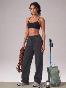 CZRLHYT Women's Drawstring Zipper Pocket Woven Pants, Multi-Functional Loose Long Pants For Outdoor Activities - Grey - View 2