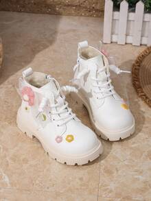 Autumn/Winter Sweet Floral Girls' Boots, Thermal Lined, Soft Sole, Anti-Slip, Stylish White Princess Ankle Boots - White - View 6
