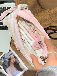 Cute Y2K Lace Pencil Case, Sweet Ruffle Bow Decor Stationery Bag, Large Capacity Pen Storage Bag, Portable Handheld Makeup Bag, Travel Brush Organizer - Multicolor - View 8