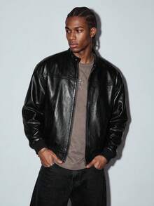 Modcrash Men's Jacket, Streetwear, Faux Leather, Zipper Relaxed Fit, Rave Motorcycle, Autumn Winter, Unisex Fall/Autumn/Winter - Black - View 6